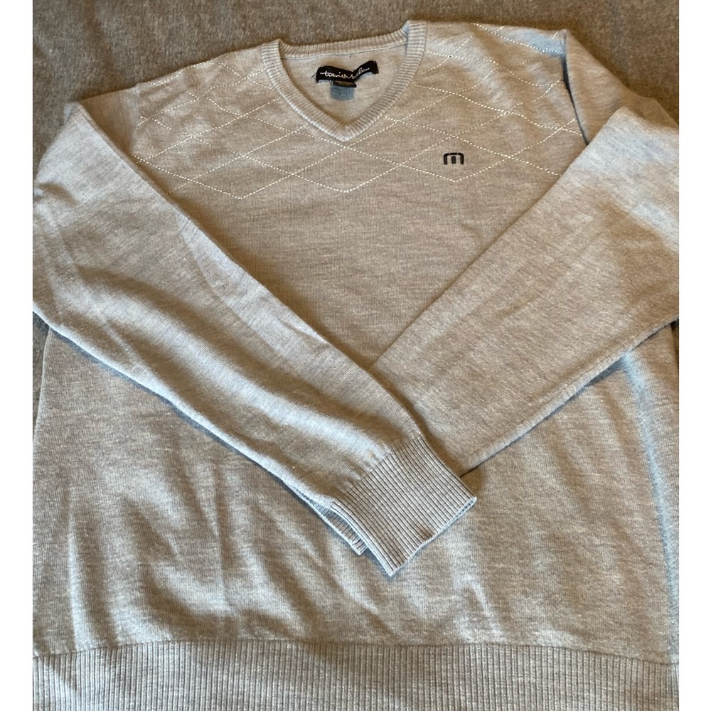 Travis Mathew Light Blue/Grey V neck‎ 100% Merino sweater Men’s Large